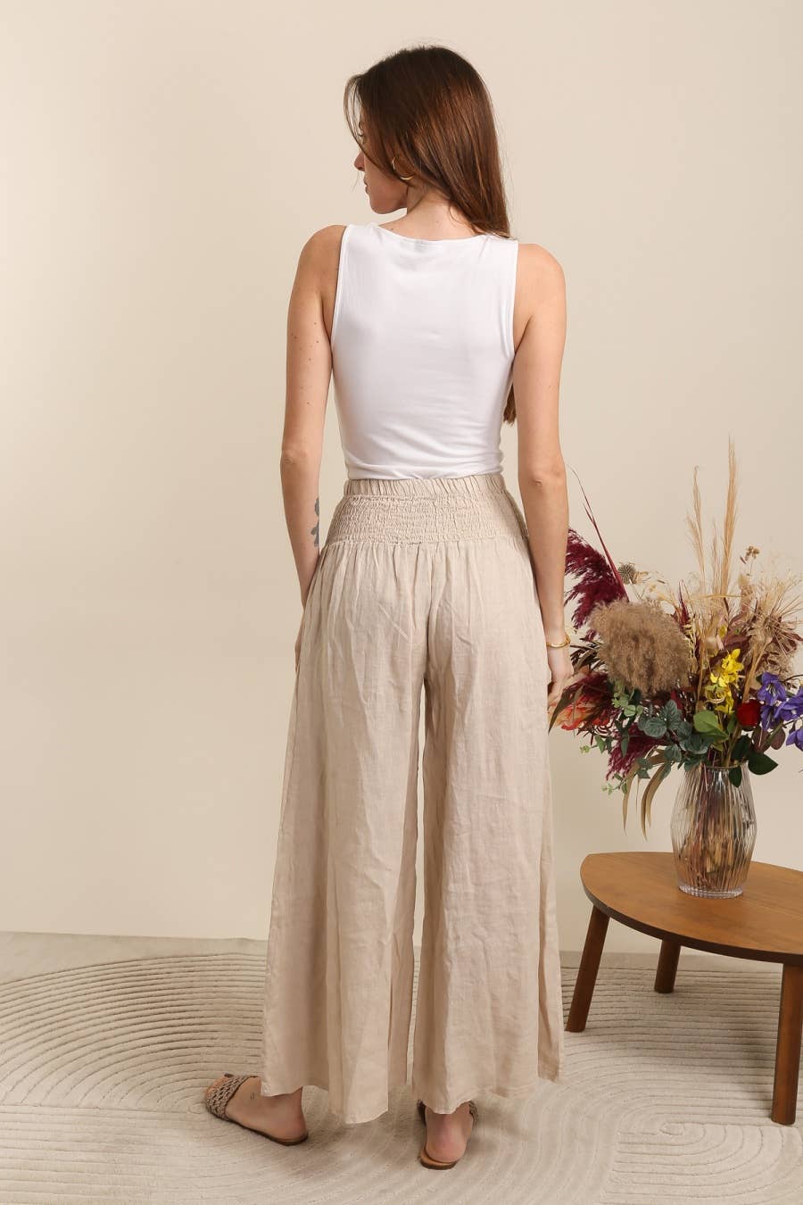 Naisten pellavahousut – beige, yksi koko 38-44