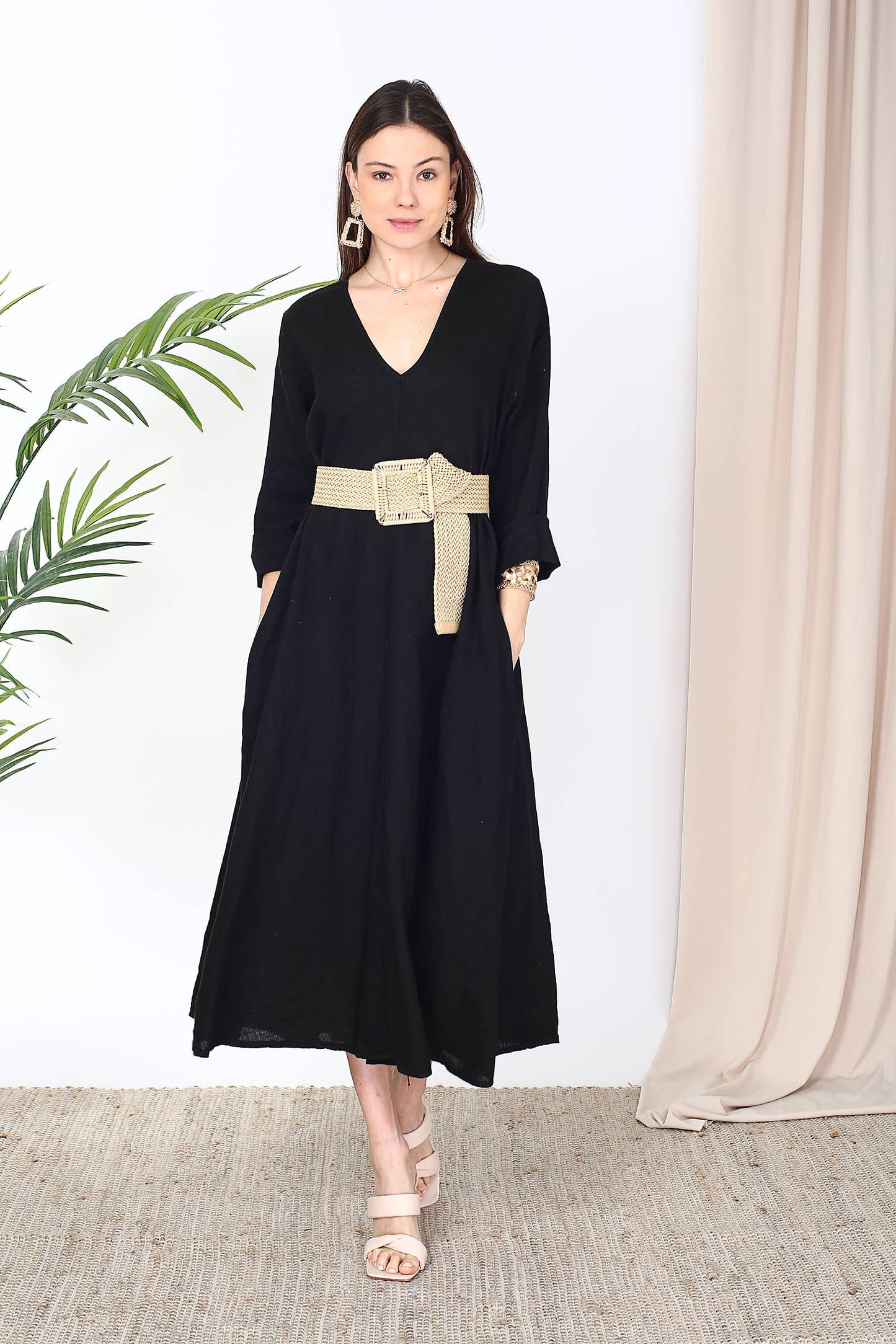 Naisten pellavamekko – khaki, yksi koko 36-46