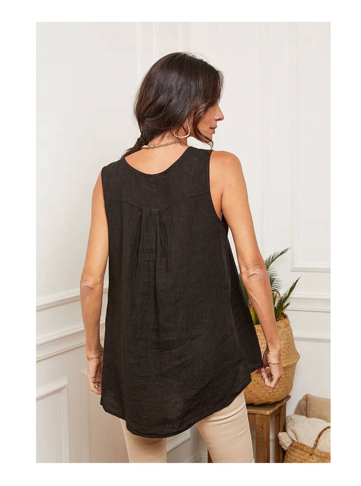 Naisten pellavatoppi – musta, 100% pellavaa, yksi koko 38–44