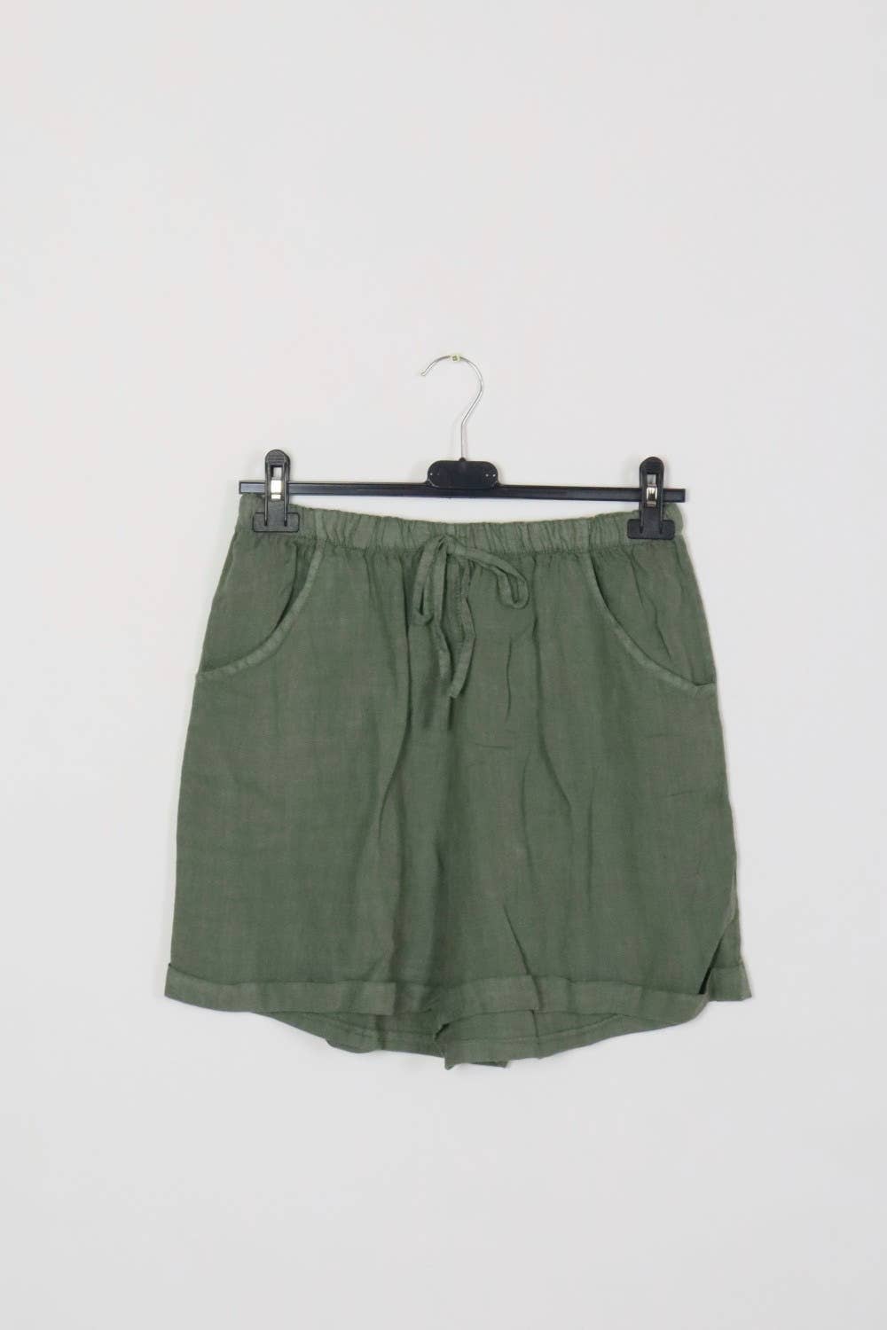 Naisten pellavashortsit – khaki, 100 % pellavaa, yksi koko 38–44