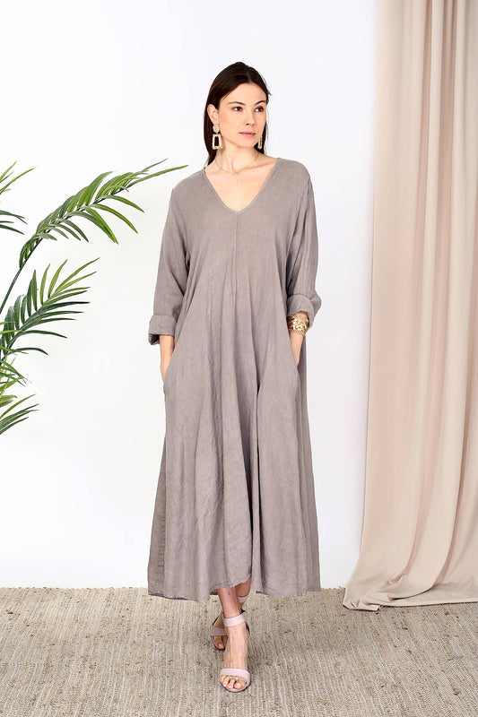 Naisten pellavamekko – beige, yksi koko 36–46