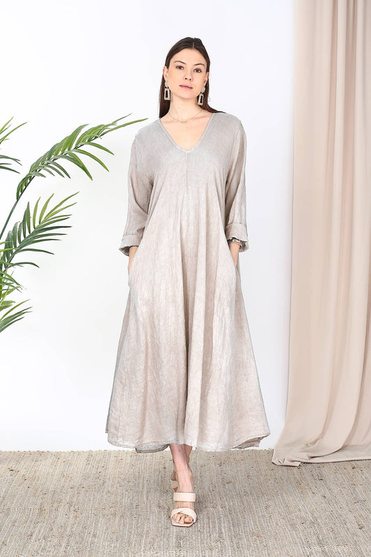 Naisten pellavamekko – beige, yksi koko 36–46