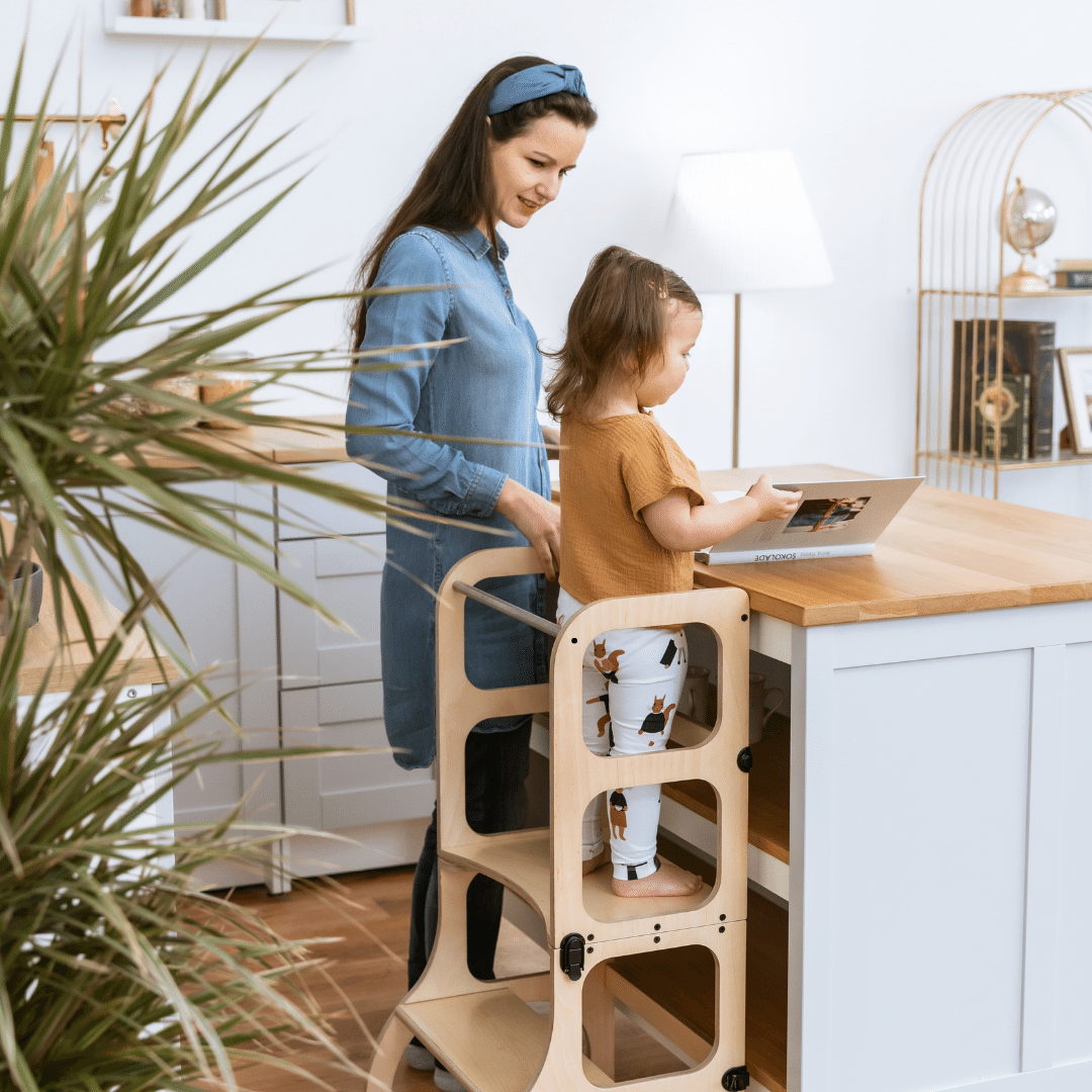 STEP'n'SIT® Convertible 2-in-1 Helper Tower/Table With Support Legs - Natural wood