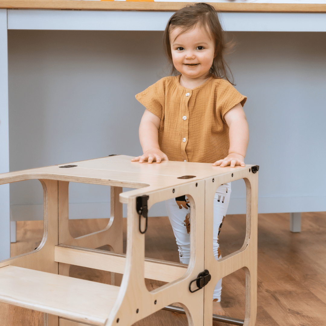 STEP'n'SIT® Convertible 2-in-1 Helper Tower/Table With Support Legs - Natural wood