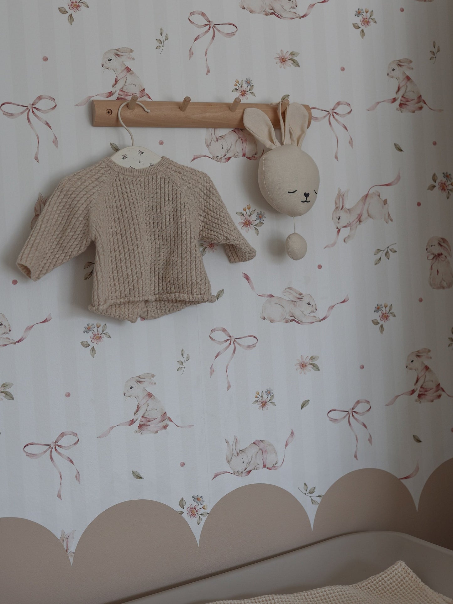 Pink Rabbits On Stripes Wallpaper