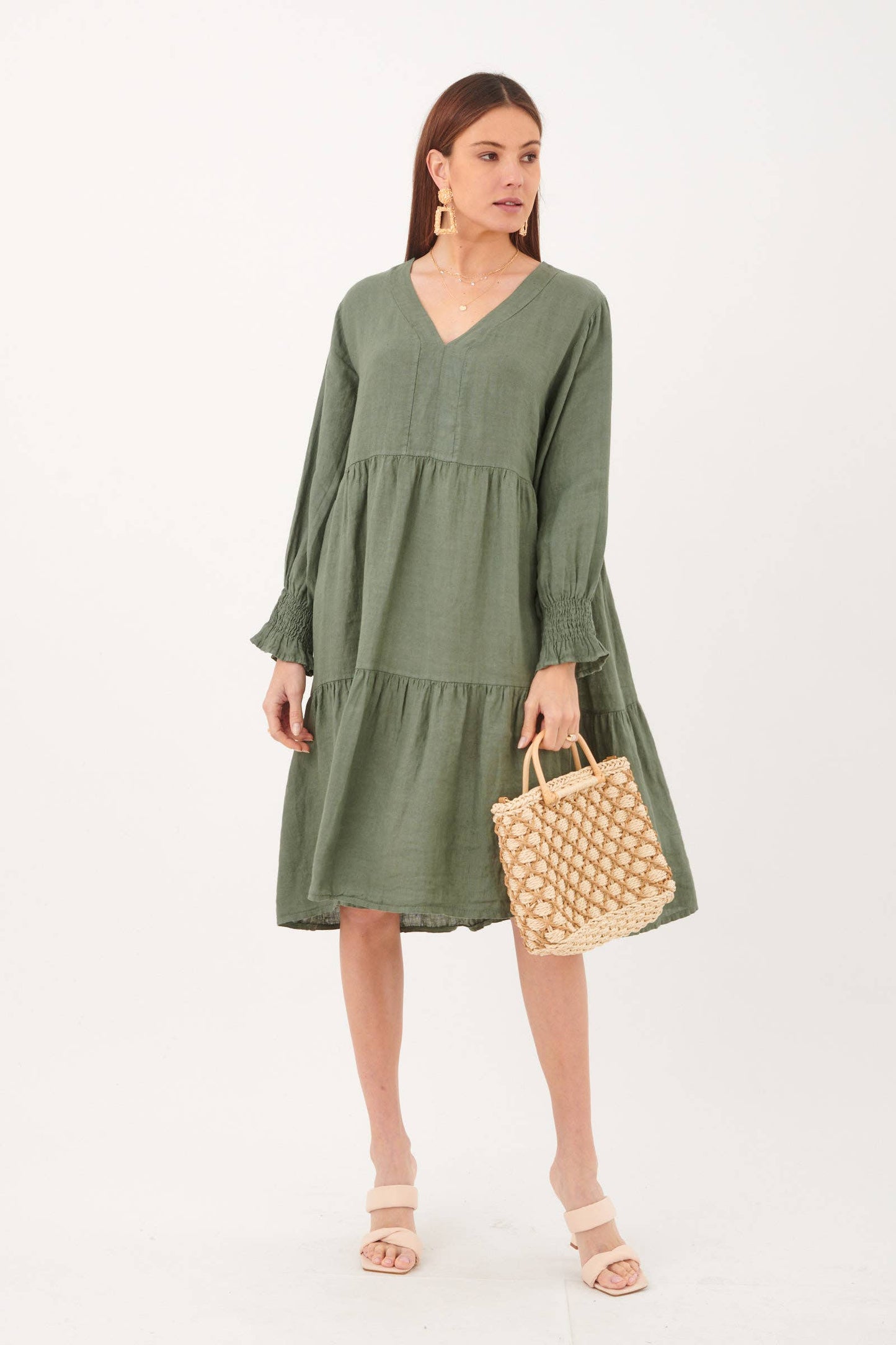 Naisten pellavamekko – beige, yksi koko 36-46